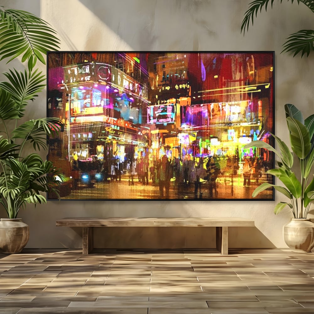 Tablou canvas cu pictura stradala urbana in neon, in rama de aluminiu negru