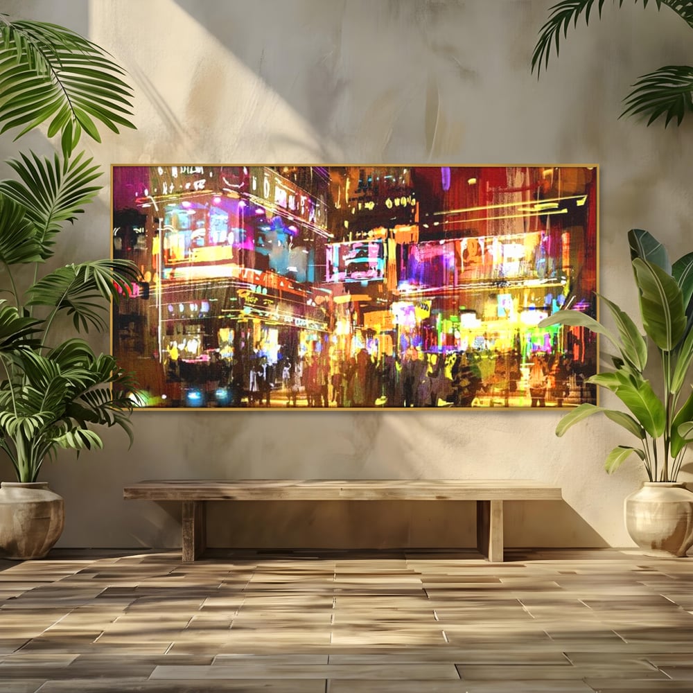 Tablou canvas cu pictura stradala urbana in neon, in rama de aluminiu auriu