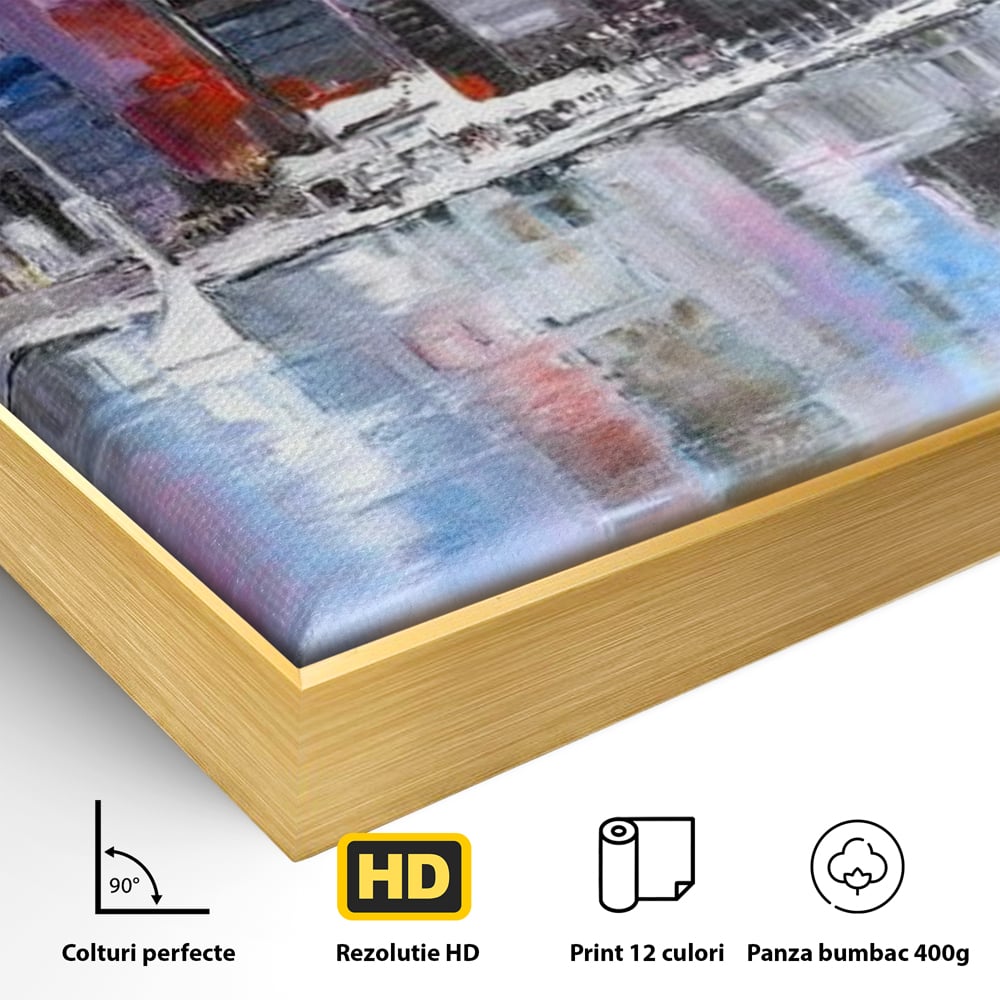 Detaliu al suprafetei: pictura peisaj urban cu vele pe apa, in rama de aluminiu auriu