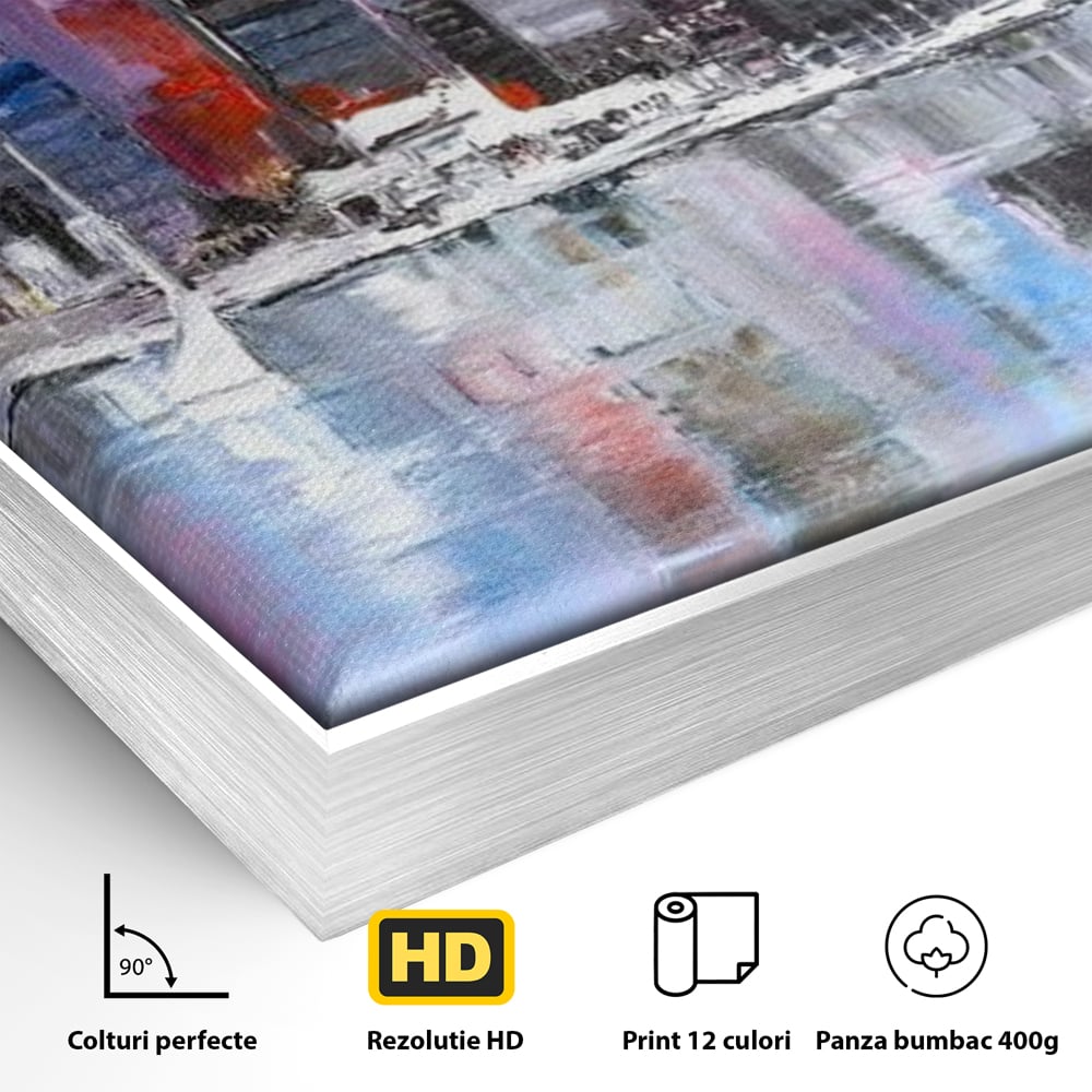 Detaliu al suprafetei: pictura peisaj urban cu vele pe apa, in rama de aluminiu argintiu