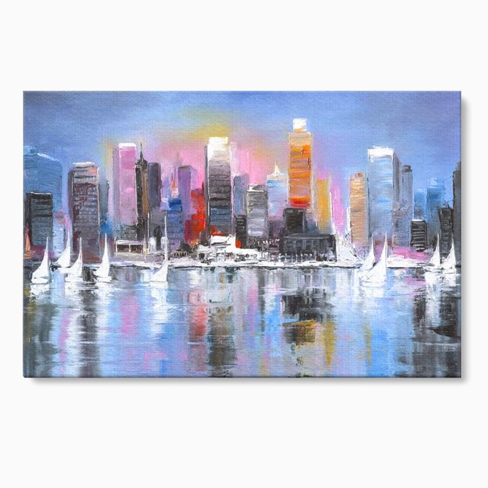 Tablou canvas cu pictura peisaj urban cu vele pe apa, fara rama, pe sasiu de lemn