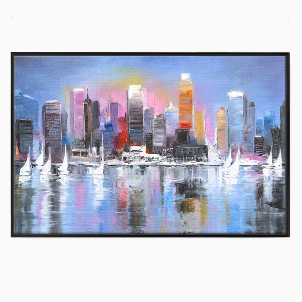 Tablou canvas cu pictura peisaj urban cu vele pe apa, in rama de aluminiu negru