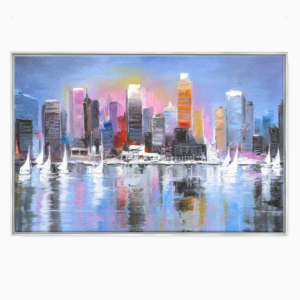 Tablou canvas cu pictura peisaj urban cu vele pe apa, in rama de aluminiu argintiu