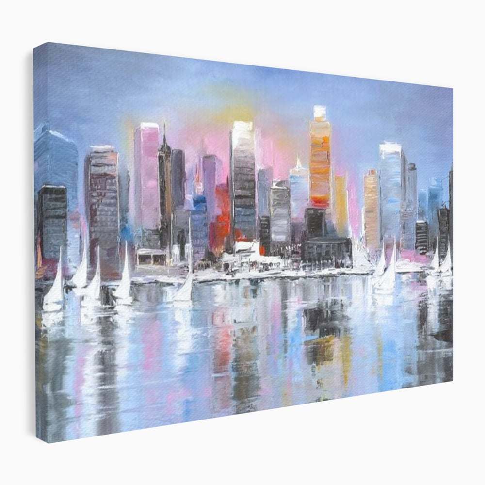 Tablou canvas cu pictura peisaj urban cu vele pe apa, fara rama, pe sasiu de lemn
