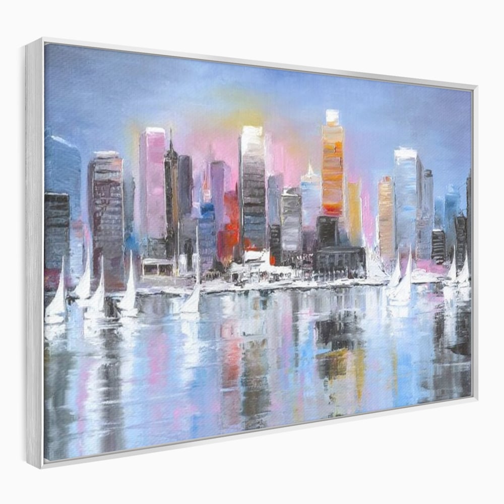 Tablou canvas cu pictura peisaj urban cu vele pe apa, in rama de aluminiu argintiu