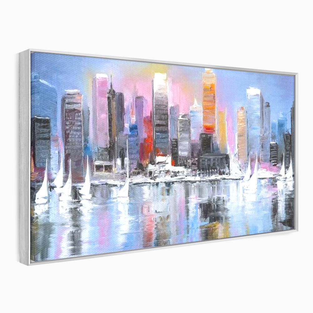 Tablou canvas cu pictura peisaj urban cu vele pe apa, in rama de aluminiu argintiu