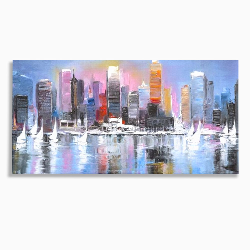 Tablou canvas cu pictura peisaj urban cu vele pe apa, fara rama, pe sasiu de lemn