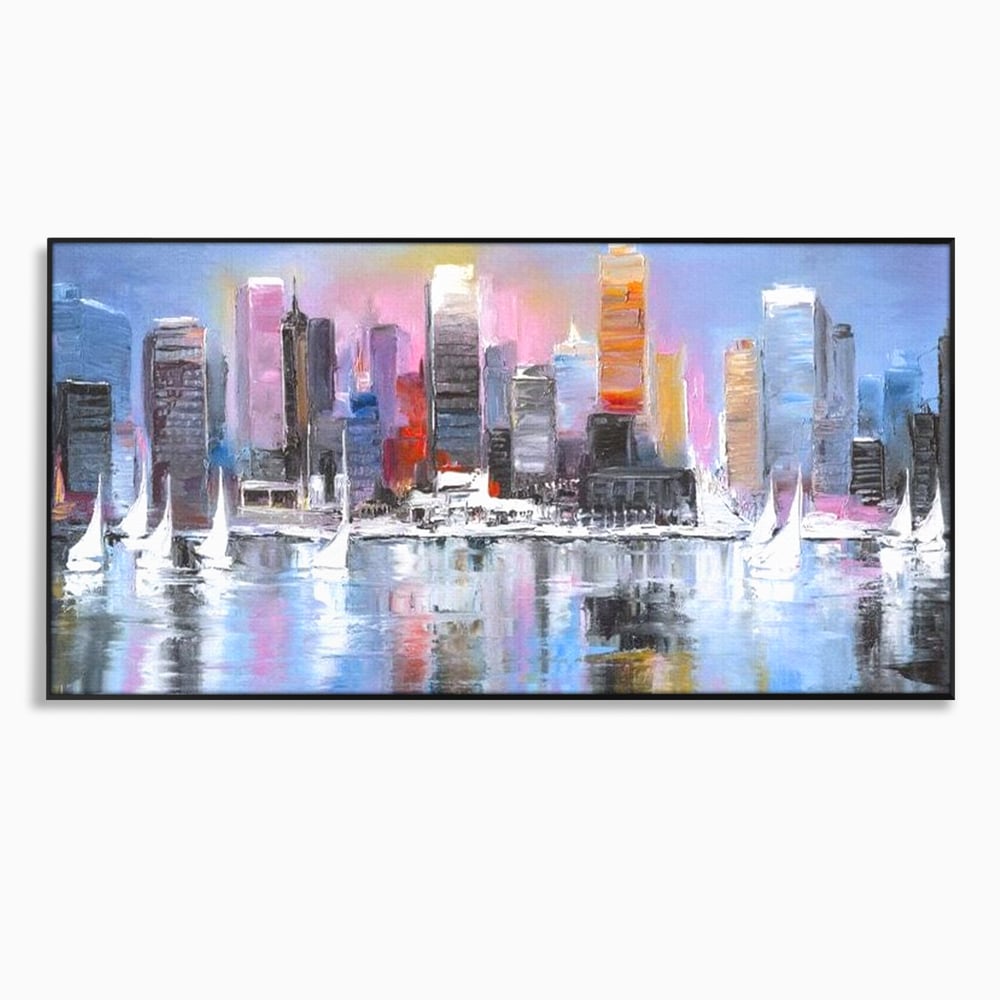 Tablou canvas cu pictura peisaj urban cu vele pe apa, in rama de aluminiu negru