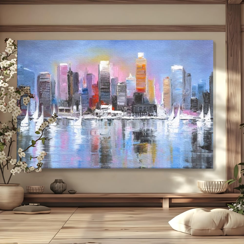Tablou canvas cu pictura peisaj urban cu vele pe apa, fara rama, pe sasiu de lemn