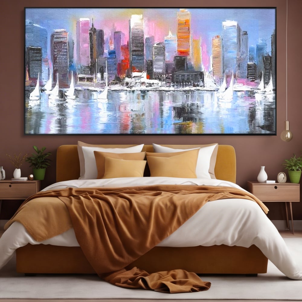 Tablou canvas cu pictura peisaj urban cu vele pe apa, in rama de aluminiu negru, pe perete intr-un dormitor
