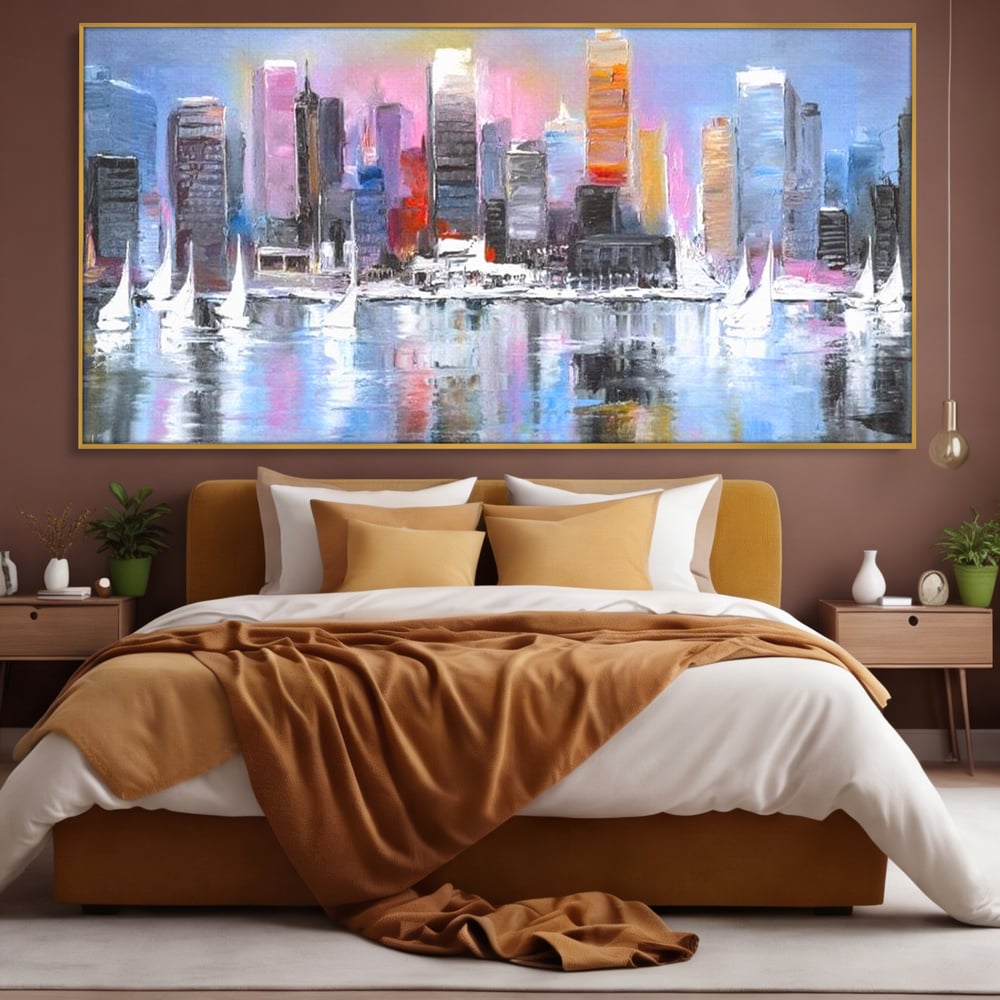 Tablou canvas cu pictura peisaj urban cu vele pe apa, in rama de aluminiu auriu, pe perete intr-un dormitor