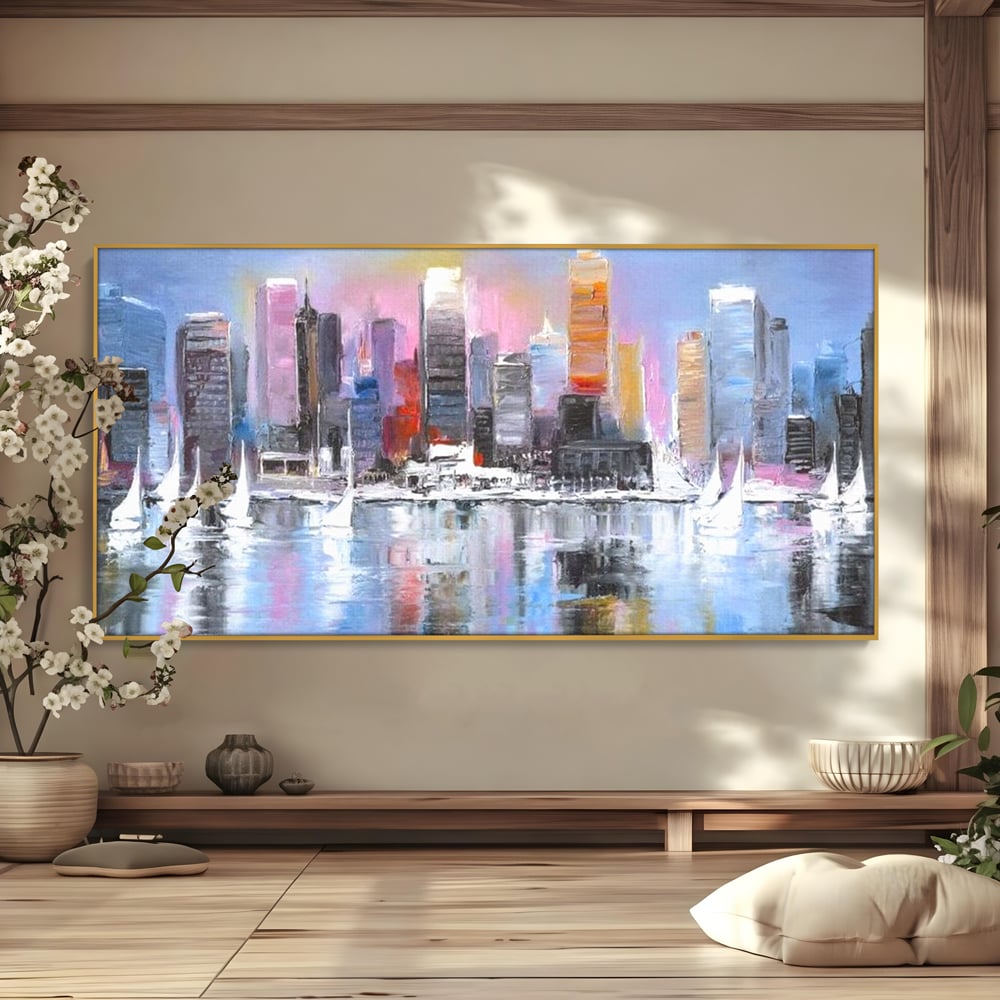 Tablou canvas cu pictura peisaj urban cu vele pe apa, in rama de aluminiu auriu