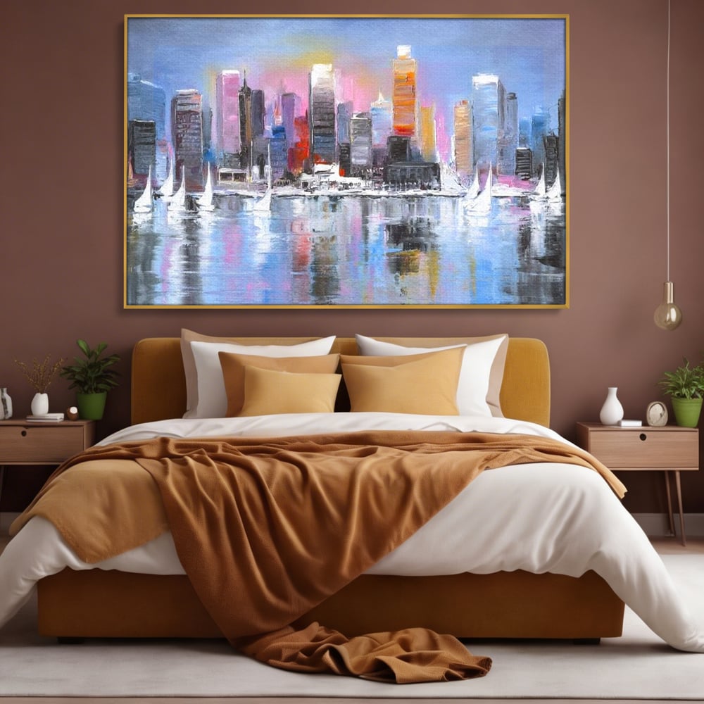 Tablou canvas cu pictura peisaj urban cu vele pe apa, in rama de aluminiu auriu, pe perete intr-un dormitor