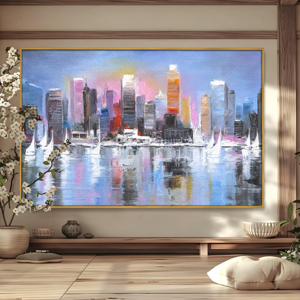 Tablou canvas cu pictura peisaj urban cu vele pe apa, in rama de aluminiu auriu