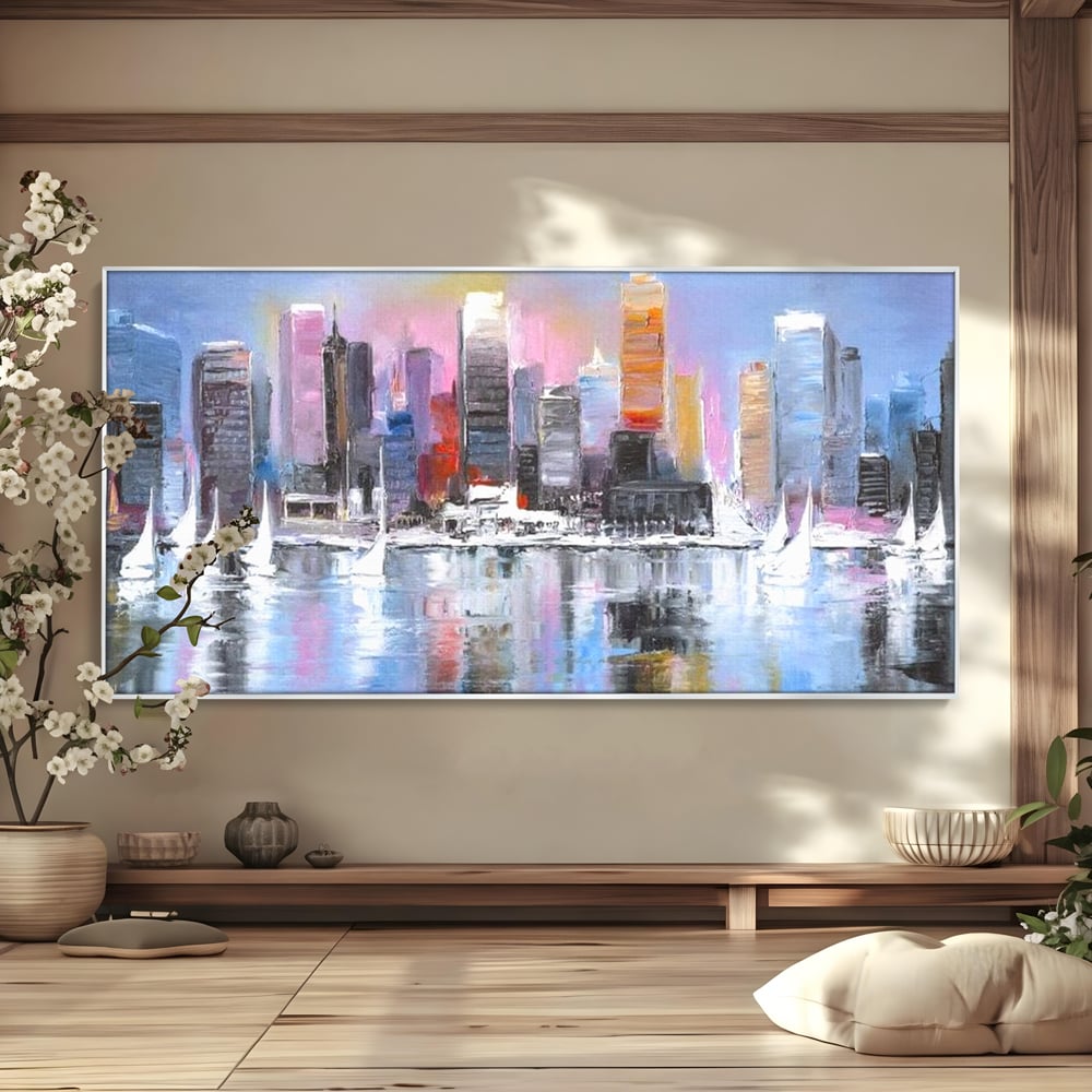 Tablou canvas cu pictura peisaj urban cu vele pe apa, in rama de aluminiu argintiu