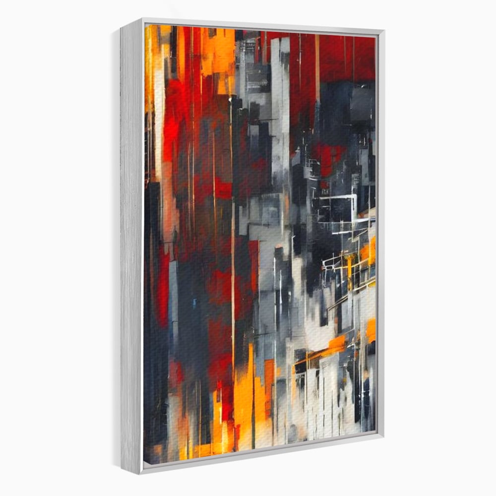 Tablou canvas cu pictura abstracta verticala cu linii urbane, in rama de aluminiu argintiu