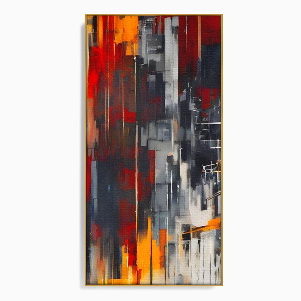 Tablou canvas cu pictura abstracta verticala cu linii urbane, in rama de aluminiu auriu