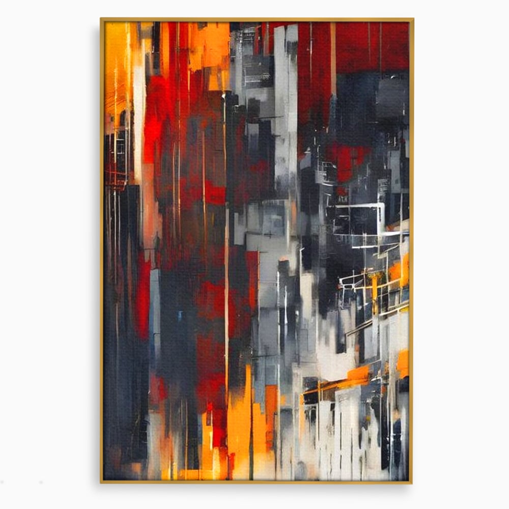 Tablou canvas cu pictura abstracta verticala cu linii urbane, in rama de aluminiu auriu