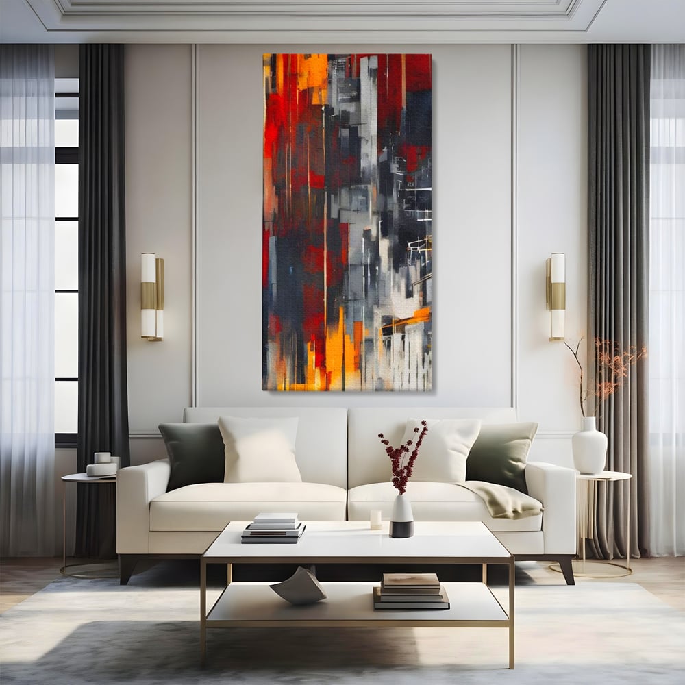 Tablou canvas cu pictura abstracta verticala cu linii urbane, fara rama, pe sasiu de lemn, pe perete intr-un living