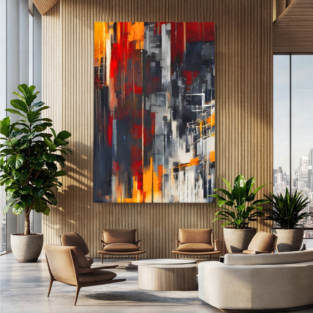 Tablou canvas cu pictura abstracta verticala cu linii urbane, fara rama, pe sasiu de lemn, pe perete intr-un birou