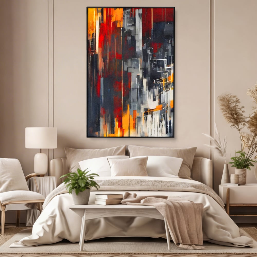 Tablou canvas cu pictura abstracta verticala cu linii urbane, in rama de aluminiu negru, pe perete intr-un dormitor