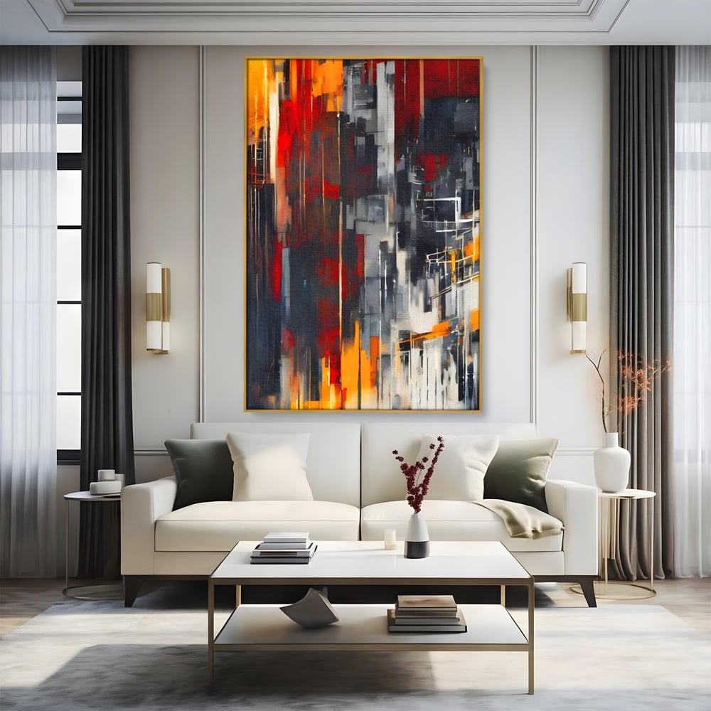 Tablou canvas cu pictura abstracta verticala cu linii urbane, in rama de aluminiu auriu, pe perete intr-un living