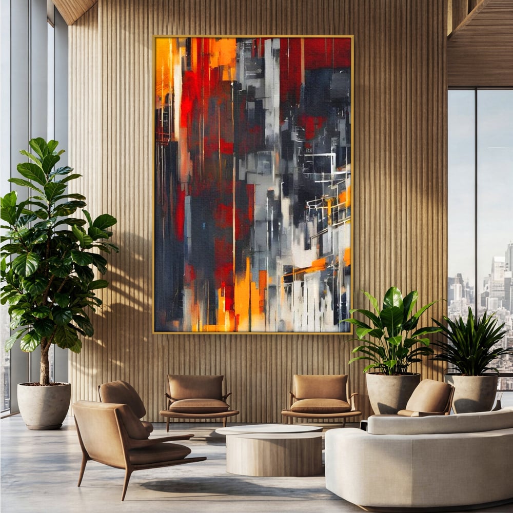 Tablou canvas cu pictura abstracta verticala cu linii urbane, in rama de aluminiu auriu, pe perete intr-un birou