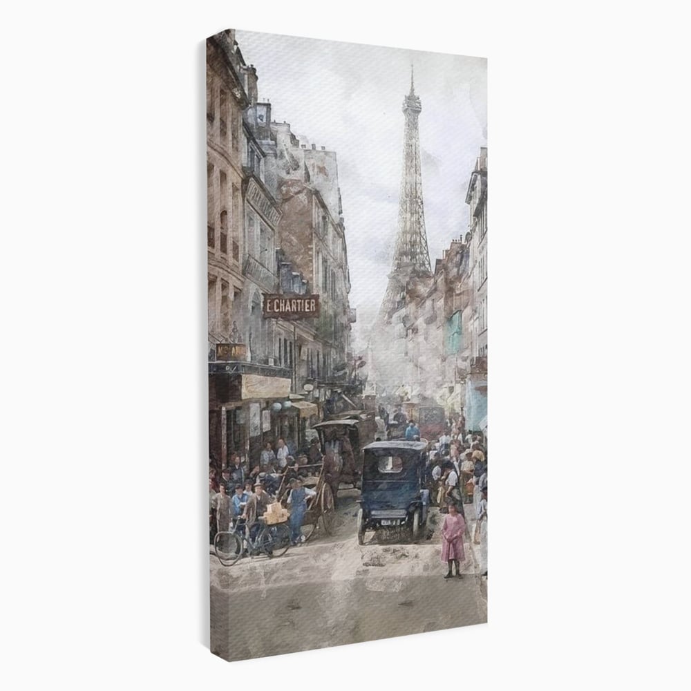 Tablou canvas cu pictura stradala cu turnul eiffel, fara rama, pe sasiu de lemn