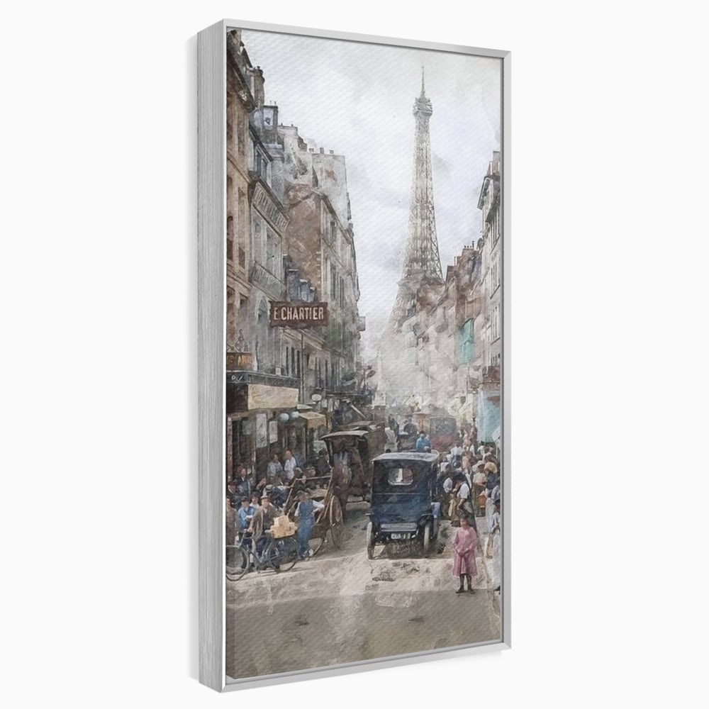 Tablou canvas cu pictura stradala cu turnul eiffel, in rama de aluminiu argintiu