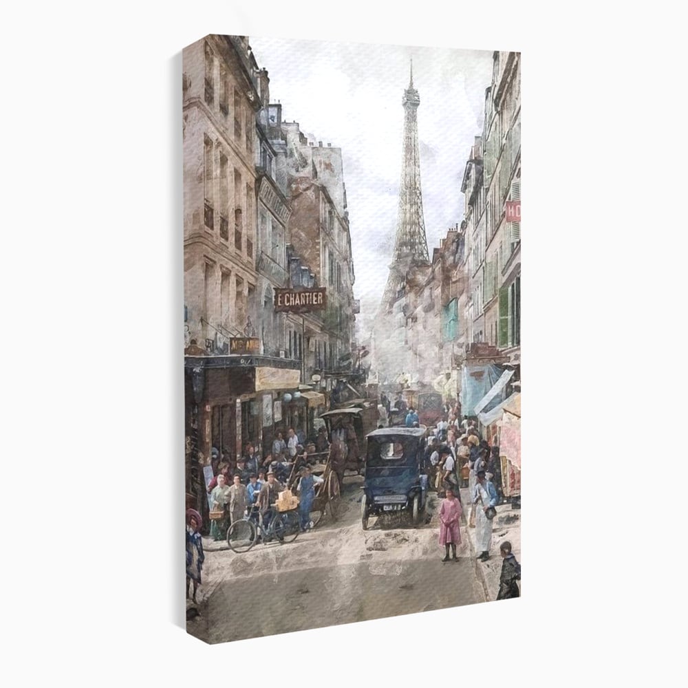 Tablou canvas cu pictura stradala cu turnul eiffel, fara rama, pe sasiu de lemn