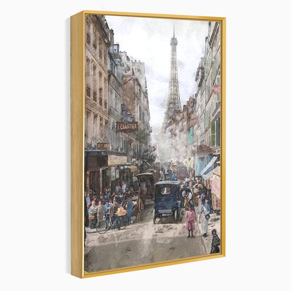 Tablou canvas cu pictura stradala cu turnul eiffel, in rama de aluminiu auriu