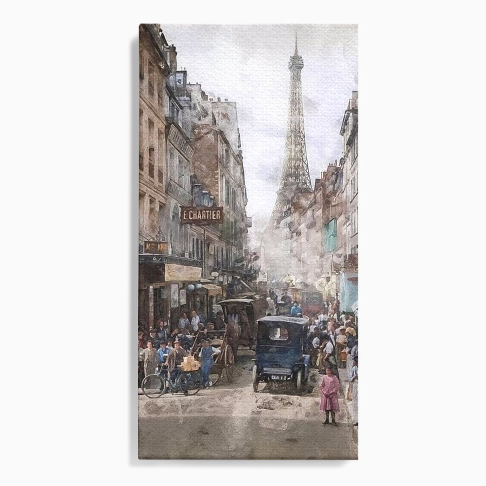 Tablou canvas cu pictura stradala cu turnul eiffel, fara rama, pe sasiu de lemn