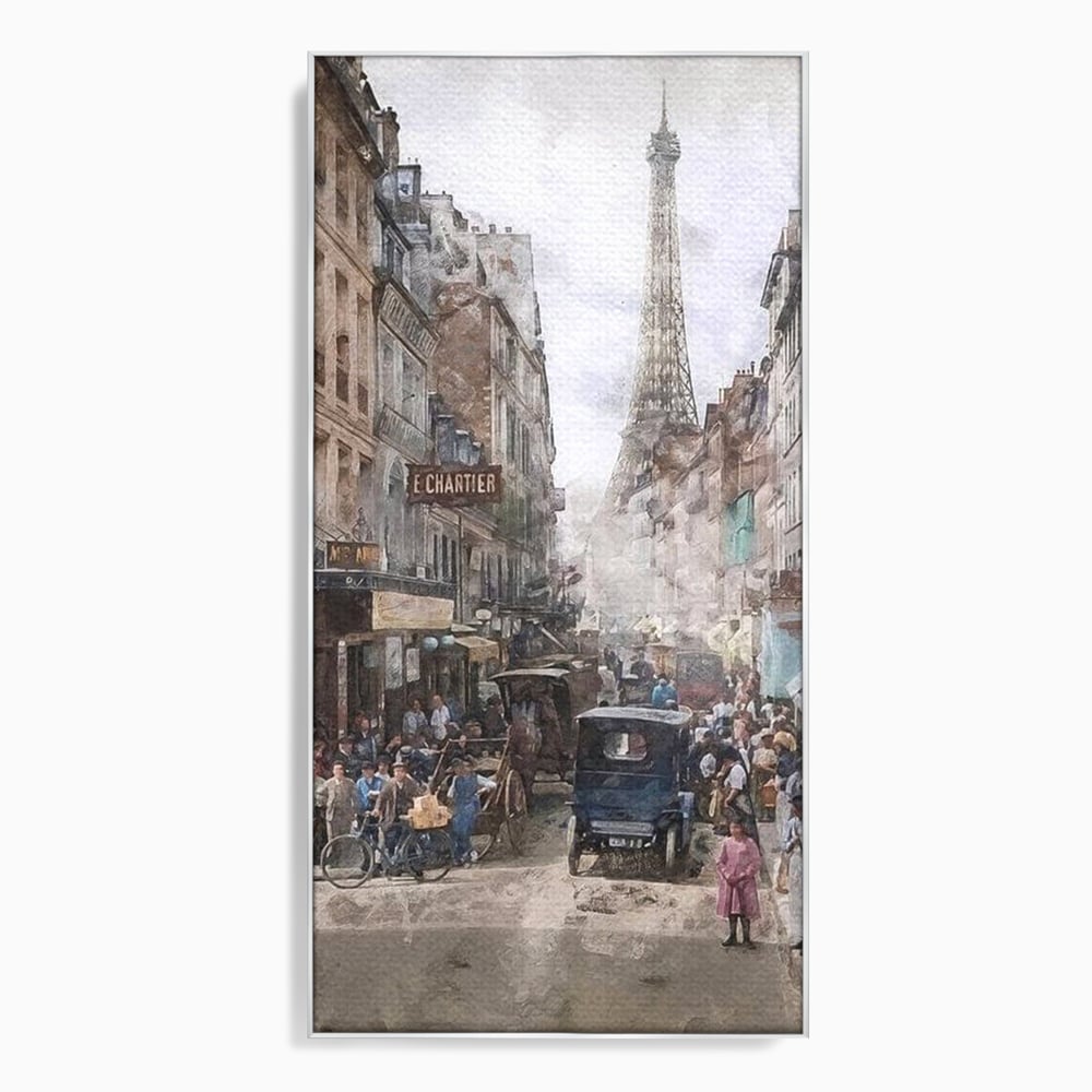 Tablou canvas cu pictura stradala cu turnul eiffel, in rama de aluminiu argintiu