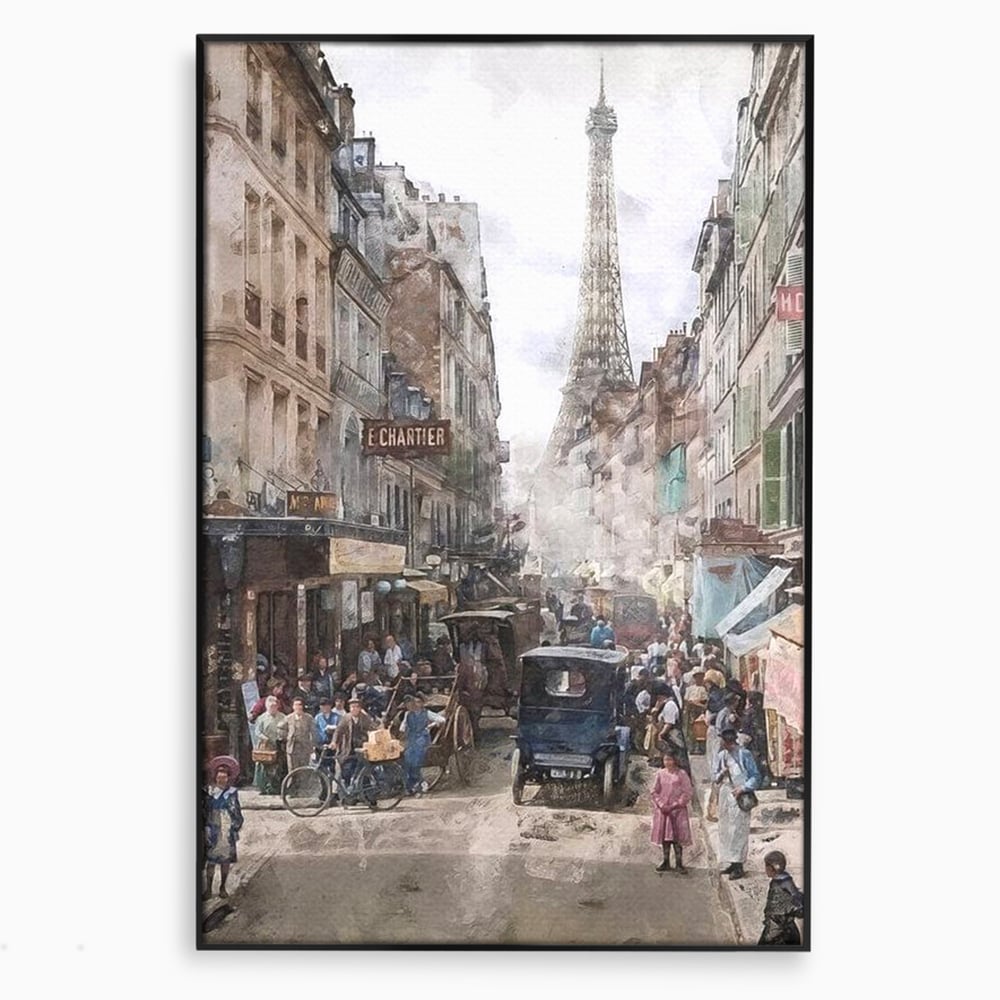Tablou canvas cu pictura stradala cu turnul eiffel, in rama de aluminiu negru