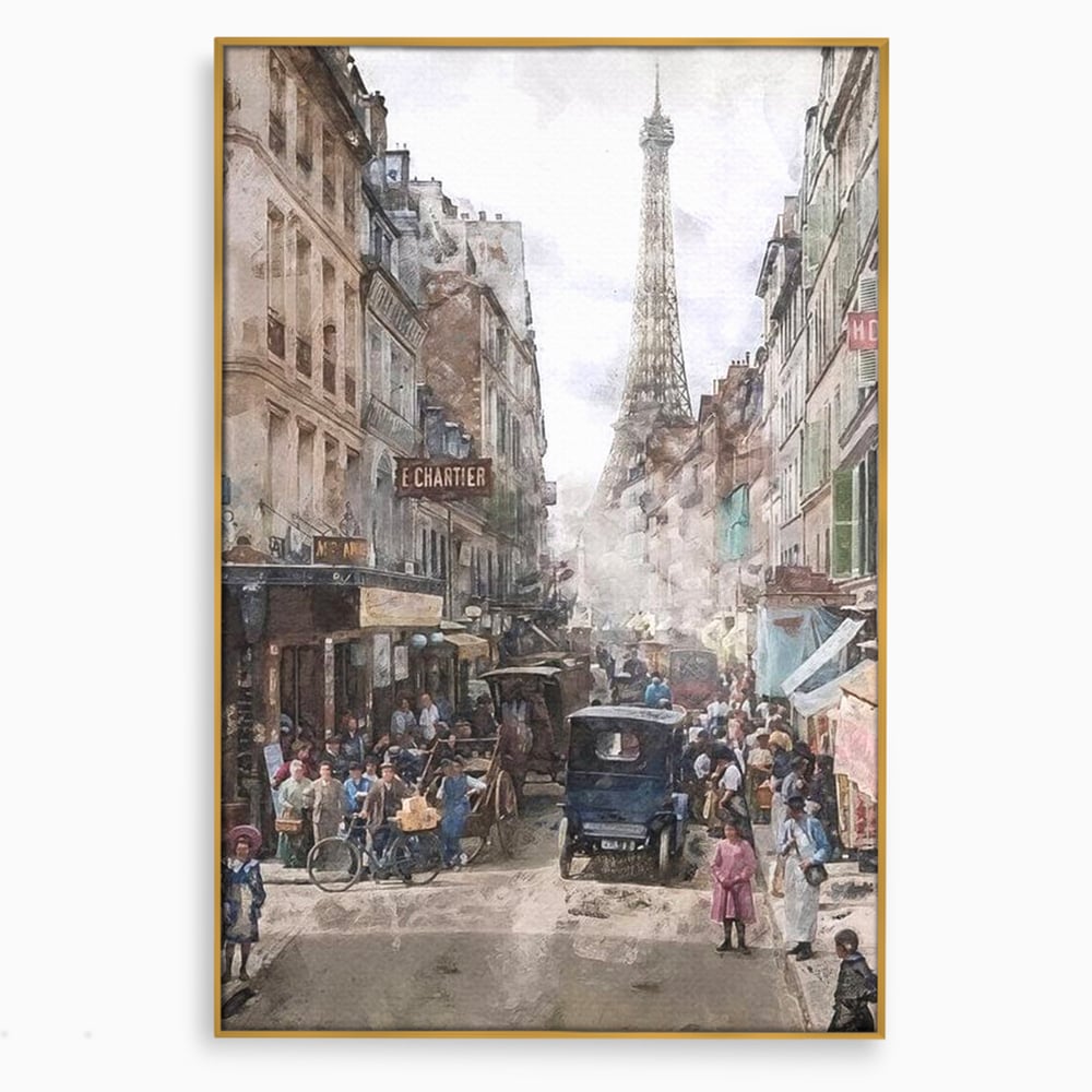 Tablou canvas cu pictura stradala cu turnul eiffel, in rama de aluminiu auriu