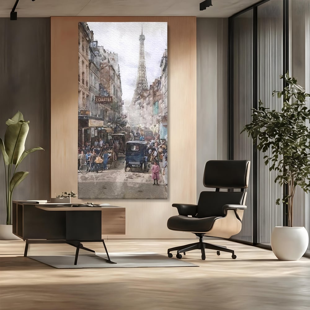 Tablou canvas cu pictura stradala cu turnul eiffel, fara rama, pe sasiu de lemn, pe perete intr-un birou