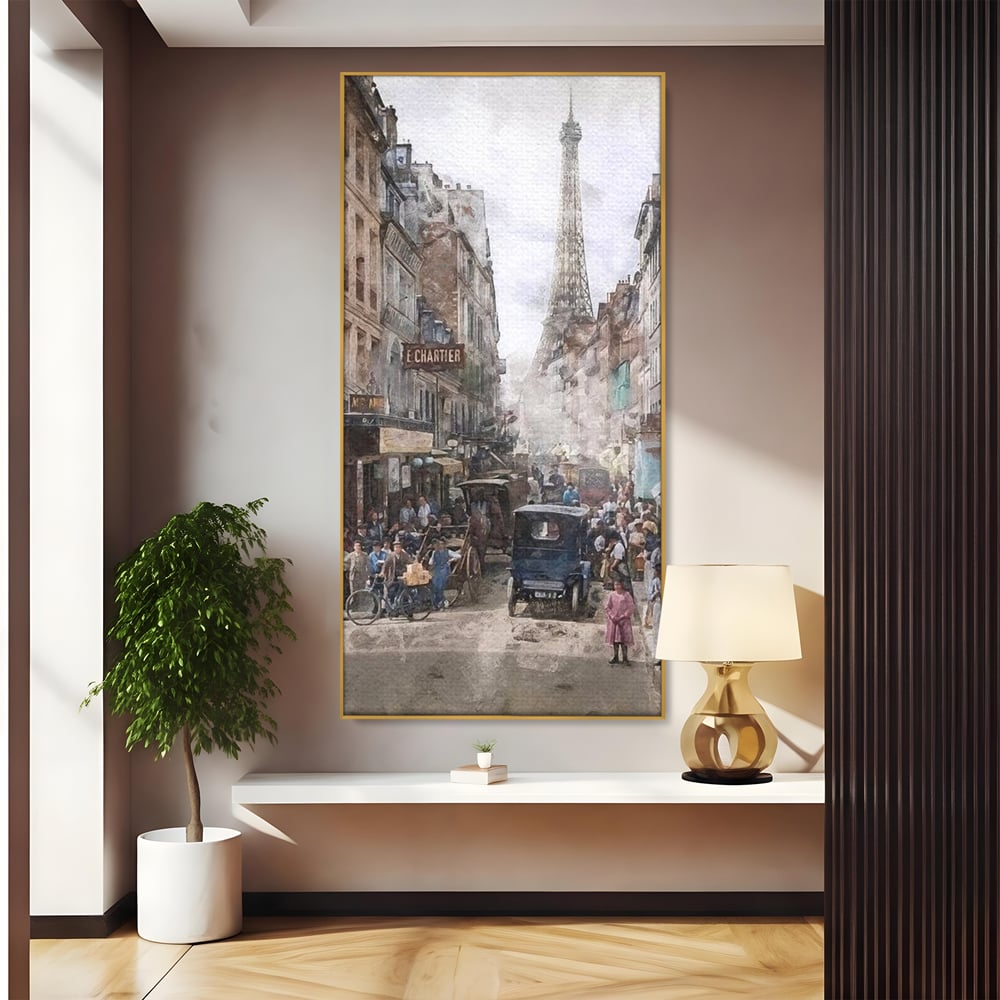 Tablou canvas cu pictura stradala cu turnul eiffel, in rama de aluminiu auriu