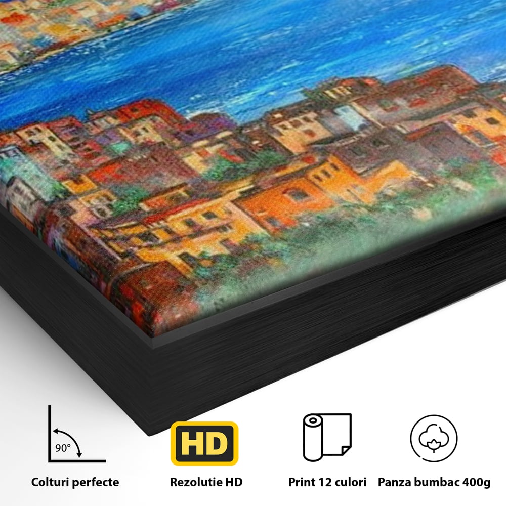 Detaliu al suprafetei: tablou canvas cu peisaj din napoli, in rama de aluminiu negru
