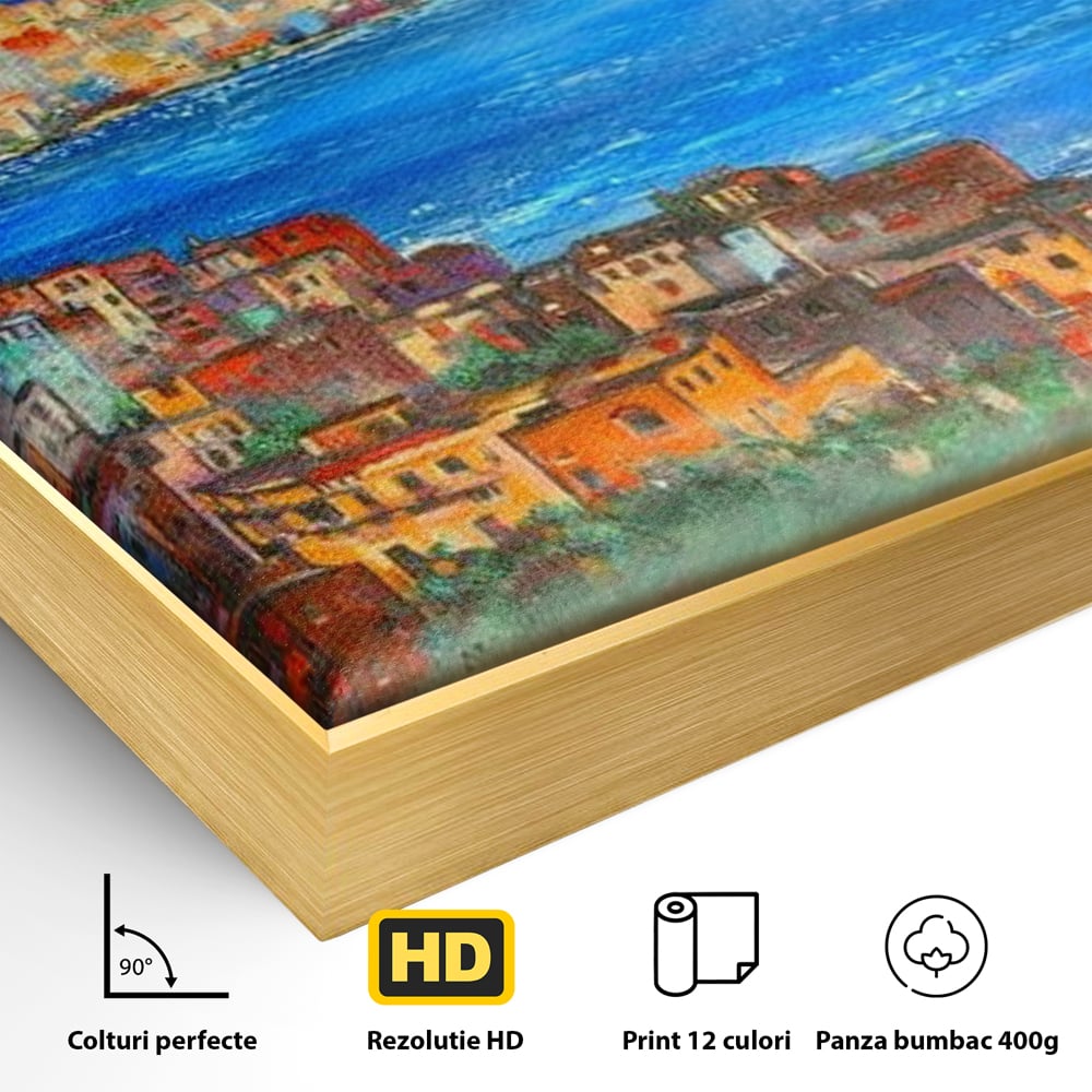 Detaliu al suprafetei: tablou canvas cu peisaj din napoli, in rama de aluminiu auriu