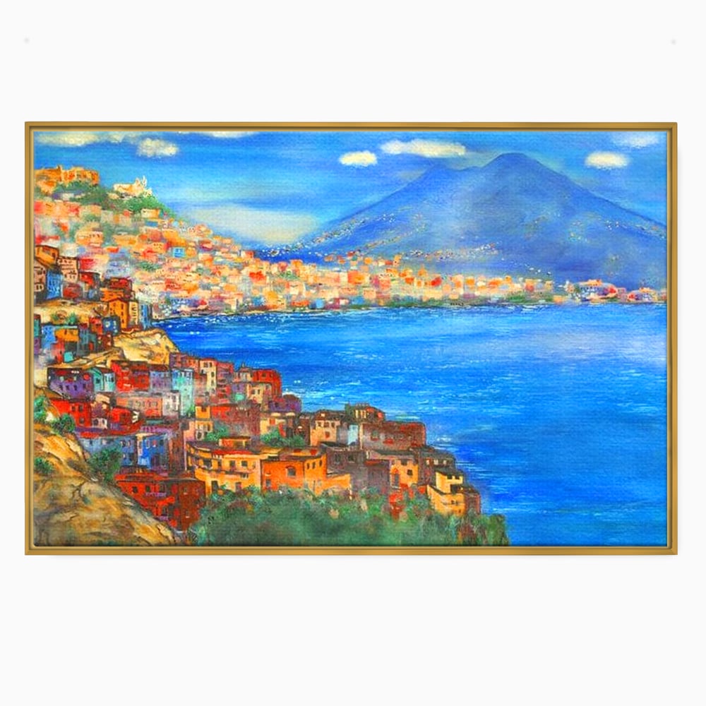 Tablou canvas cu tablou canvas cu peisaj din napoli, in rama de aluminiu auriu