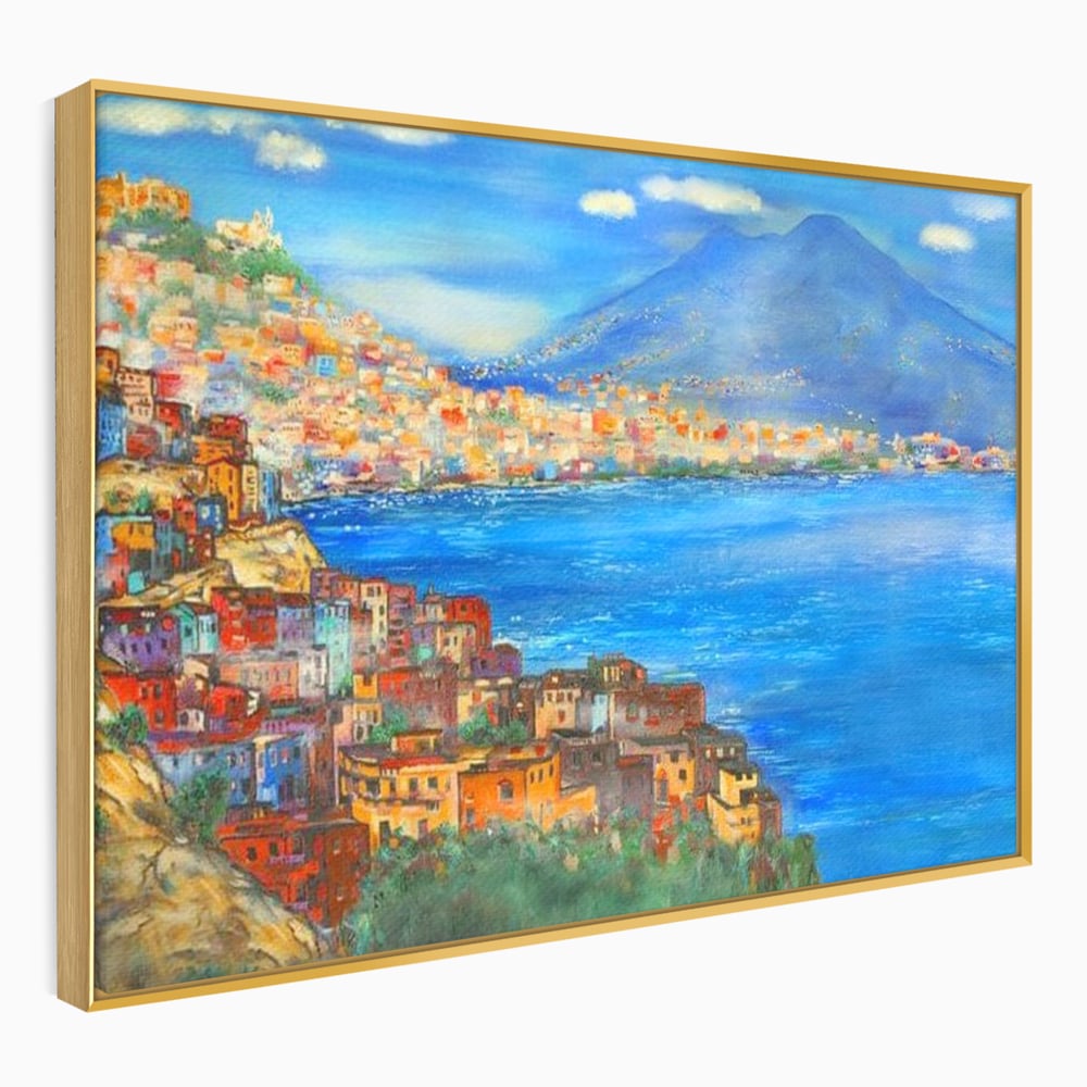 Tablou canvas cu tablou canvas cu peisaj din napoli, in rama de aluminiu auriu