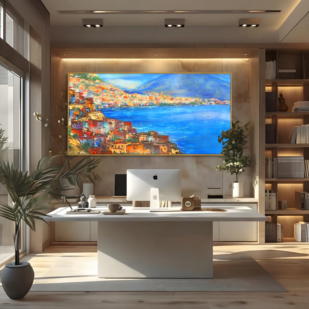 Tablou canvas cu tablou canvas cu peisaj din napoli, in rama de aluminiu auriu, pe perete intr-un birou