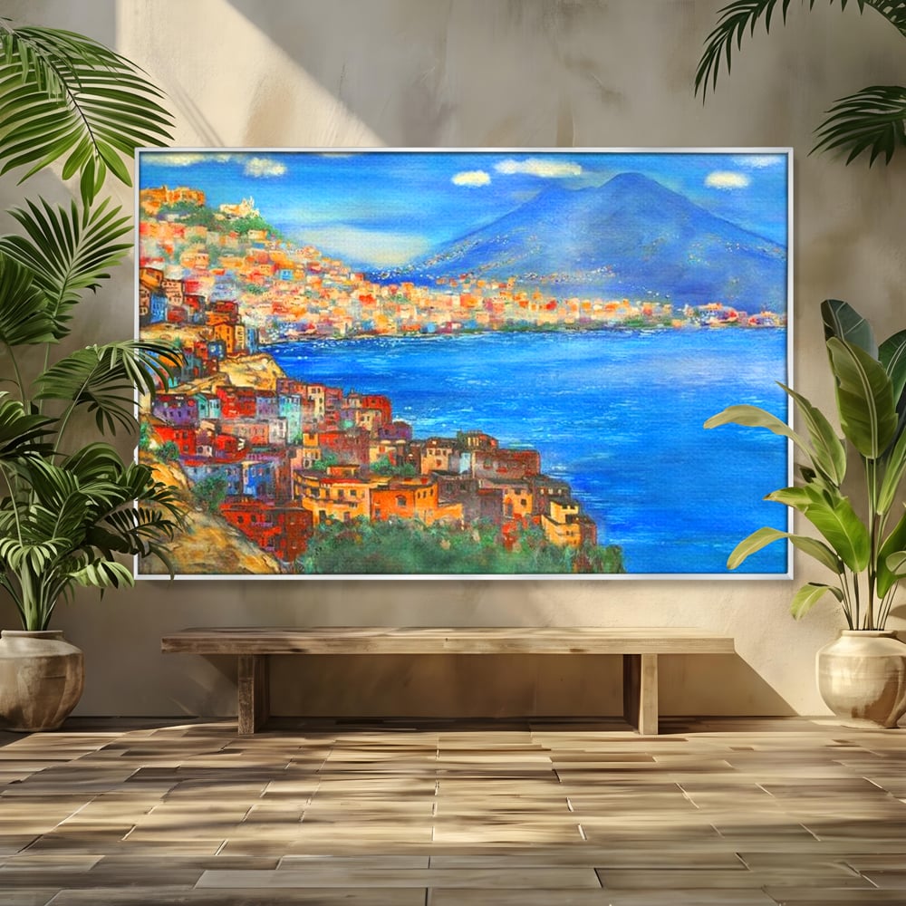 Tablou canvas cu tablou canvas cu peisaj din napoli, in rama de aluminiu argintiu