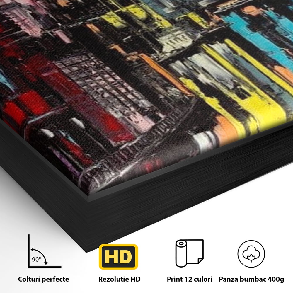 Detaliu al suprafetei: tablou abstract cu cladiri si reflexii, in rama de aluminiu negru