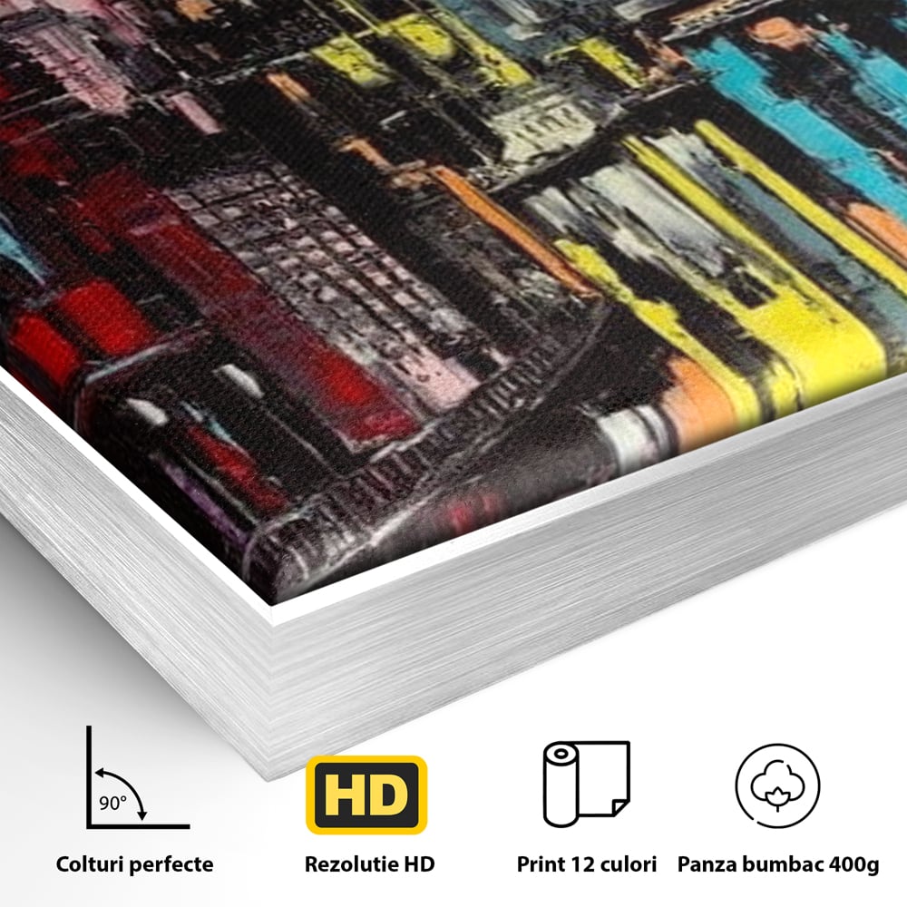 Detaliu al suprafetei: tablou abstract cu cladiri si reflexii, in rama de aluminiu argintiu
