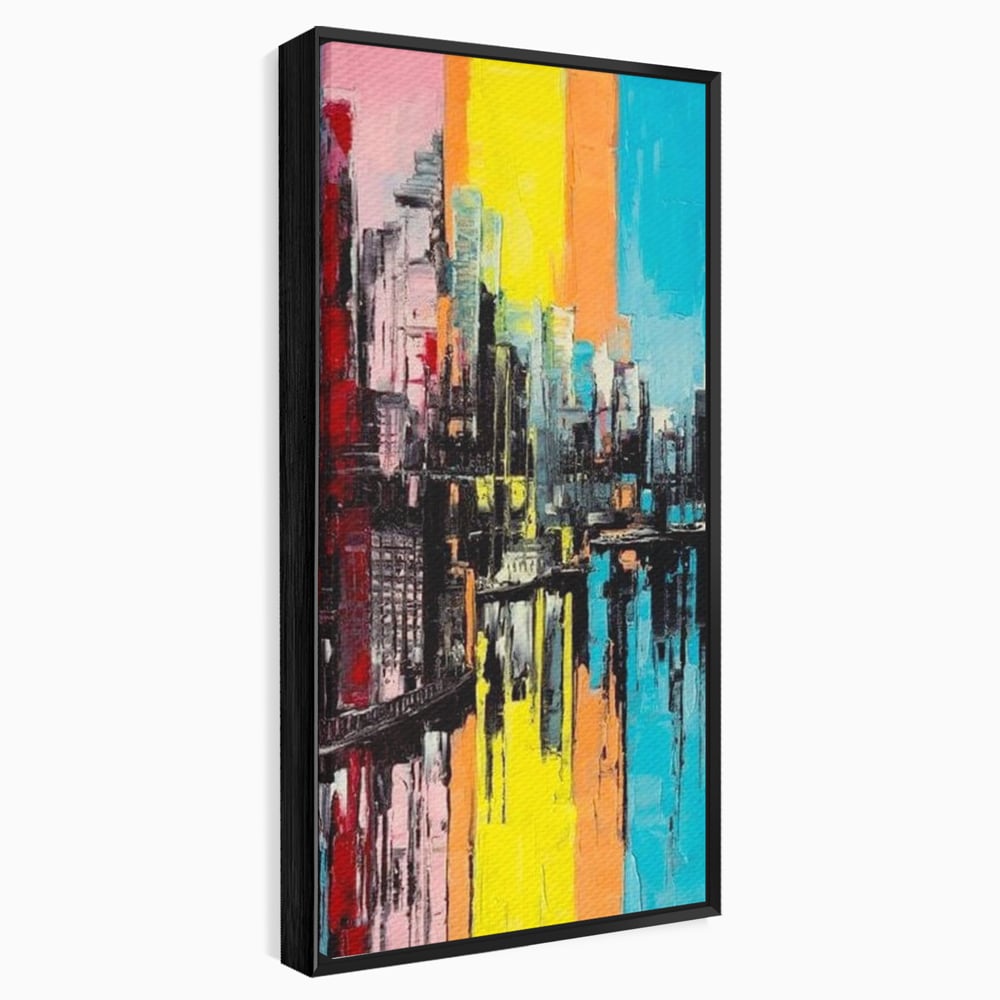 Tablou canvas cu tablou abstract cu cladiri si reflexii, in rama de aluminiu negru