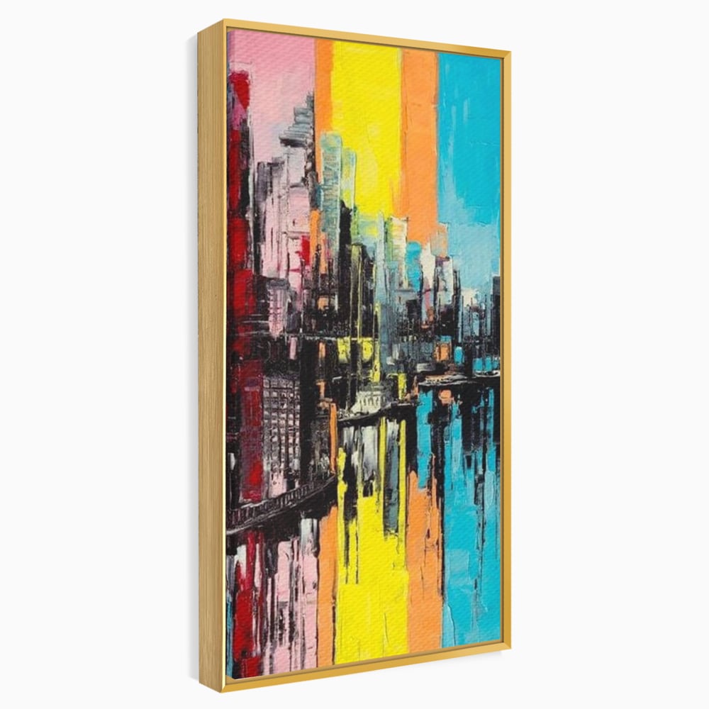 Tablou canvas cu tablou abstract cu cladiri si reflexii, in rama de aluminiu auriu