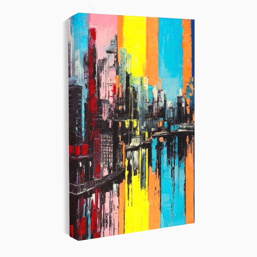 Tablou canvas cu tablou abstract cu cladiri si reflexii, fara rama, pe sasiu de lemn