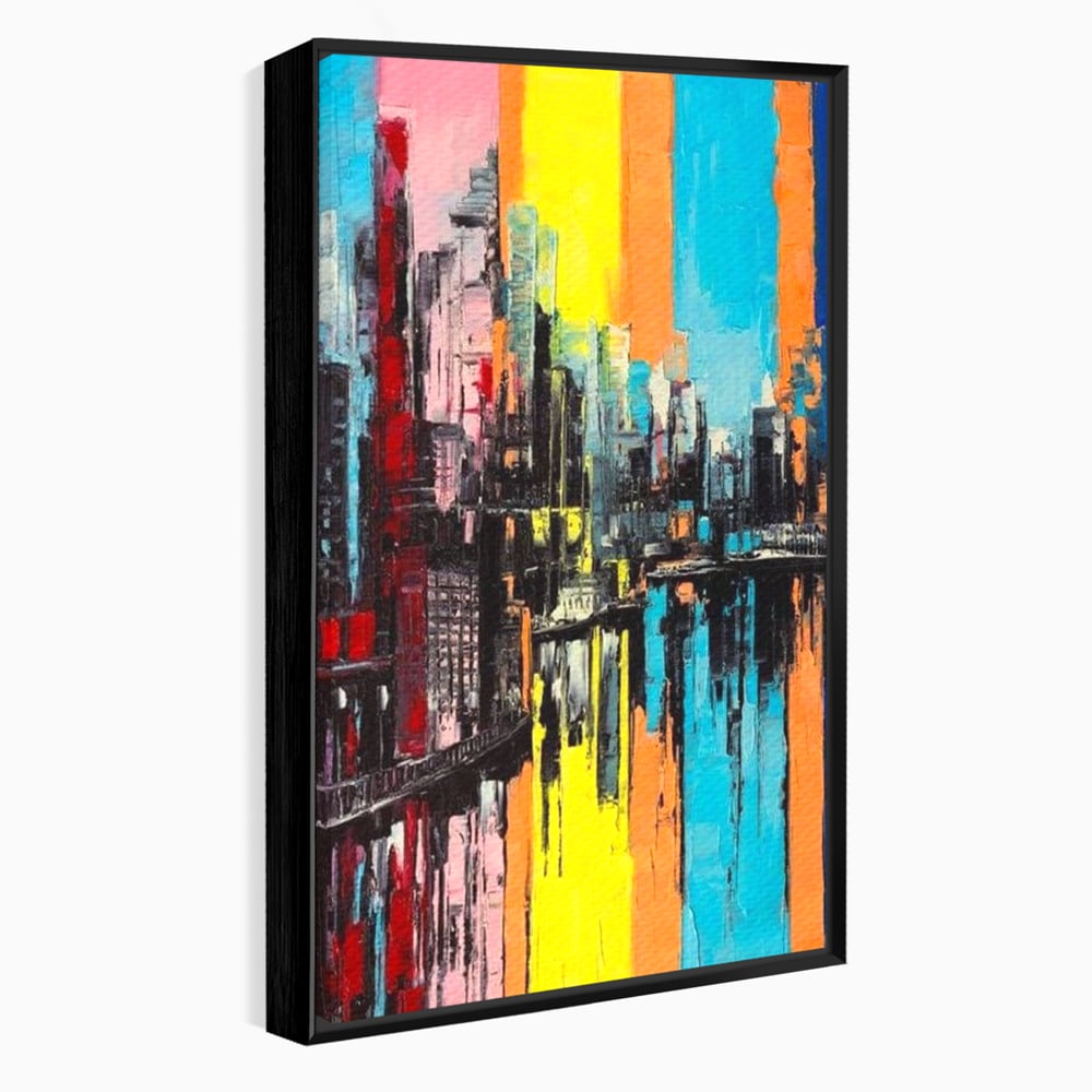 Tablou canvas cu tablou abstract cu cladiri si reflexii, in rama de aluminiu negru