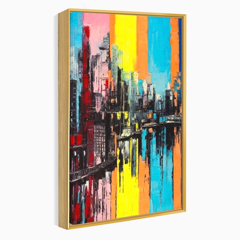 Tablou canvas cu tablou abstract cu cladiri si reflexii, in rama de aluminiu auriu